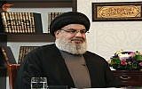 Hassan Nasrallah, chef de l'organisation terroriste du Hezbollah, est interviewé sur la chaîne de télévision libanaise al-Mayadeen, le 26 janvier 2019 (Capture d'écran)