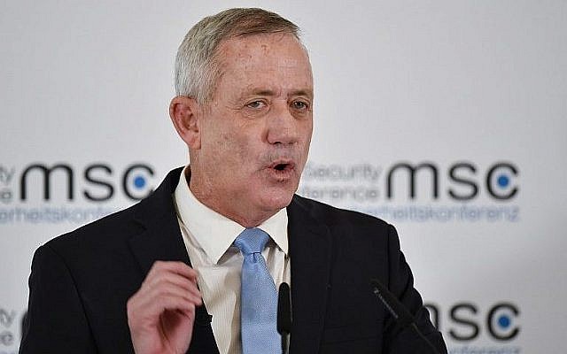 Benny Gantz, président du parti Hossen LeYisrael, prend la parole lors de la 55e Conférence de Munich sur la sécurité dans le sud de l'Allemagne, le 17 février 2019. (Thomas Kienzle/AFP) Benny Gantz, président du parti Hossen LeYisrael, prend la parole lors de la 55e Conférence de Munich sur la sécurité dans le sud de l'Allemagne, le 17 février 2019. (Thomas Kienzle/AFP)