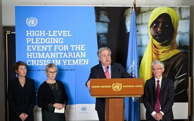 De gauche à droite : la vice-présidente suisse Simonetta Sommaruga, la ministre suédoise des Affaires étrangères Margot Wallstrom, le secrétaire-général de l'ONU Antonio Guterres et le Secrétaire général adjoint aux affaires humanitaires et de coordonnateur des secours d'urgence Mark Lowcock à la conférence des donateurs à Genève, le 26 février 2019 (Crédit : Fabrice COFFRINI / AFP) De gauche à droite : la vice-présidente suisse Simonetta Sommaruga, la ministre suédoise des Affaires étrangères Margot Wallstrom, le secrétaire-général de l'ONU Antonio Guterres et le Secrétaire général adjoint aux affaires humanitaires et de coordonnateur des secours d'urgence Mark Lowcock à la conférence des donateurs à Genève, le 26 février 2019 (Crédit : Fabrice COFFRINI / AFP)