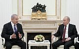 Le Président russe Vladimir Poutine lors d'une rencontre bilatérale avec le Premier ministre israélien Benjamin Netanyahu au Kremlin à Moscou, le 27 février 2019. (Crédit : MAXIM SHEMETOV / POOL / AFP)