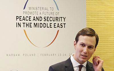 Le conseiller à la Maison Blanche Jared Kushner lors de la Conférence sur la paix et la sécurité au Moyen Orient à Varsovie, Pologne, le 14, février 2019. (Crédit : AP Photo/Czarek Sokolowski)
