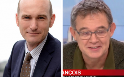 Montage photos (de gauche à droite) : Nicolas Hénin et Didier François, journalistes et anciens otage du groupe terroriste sunnite État islamique (EI). (Crédits : Ammar Abd Rabbo via Facebook/Capture d'écran France TVinfo)
