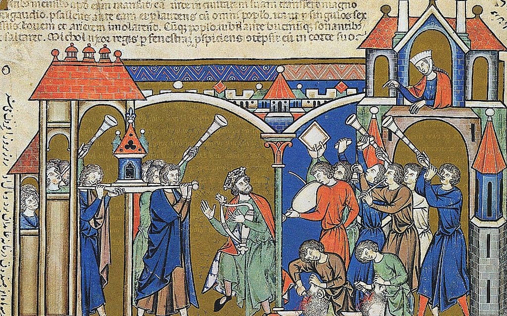 Illustration tirée de la Bible Morgan du 13ème siècle montrant David qui apporte l'Arche à Jérusalem (2 Samuel 6). (Domaine public via wikipedia)