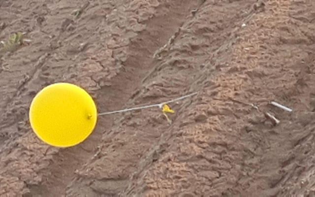 Un ballon transportant un engin explosif suspect lancé depuis la bande de Gaza tombe dans le sud d’Israël, le 20 février 2019. (Sécurité Eshkol) Un ballon transportant un engin explosif suspect lancé depuis la bande de Gaza tombe dans le sud d’Israël, le 20 février 2019. (Sécurité Eshkol)