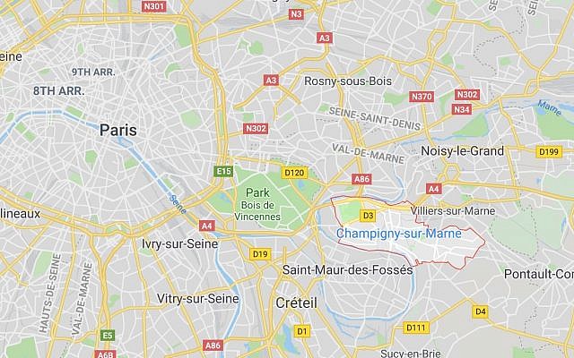 Localisation de la ville de Champigny, dans le département de la Marne à proximité de Paris, où 4 familles juives ont reçu un courrier de menace (Crédit: capture d'écran Google Map) Localisation de la ville de Champigny, dans le département de la Marne à proximité de Paris, où 4 familles juives ont reçu un courrier de menace (Crédit: capture d'écran Google Map)