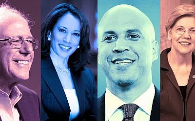 Depuis la gauche : Les sénateurs Bernie Sanders, Kamala Harris, Cory Booker et Elizabeth Warren. (Crédit : Wikimedia Commons via JTA)