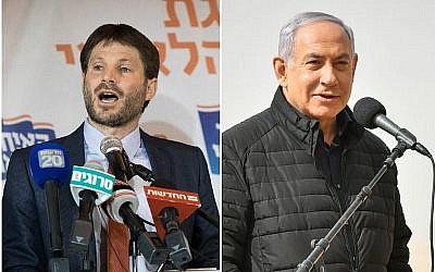 A gauche, Bezalel Smotrich après avoir été élu président de l'Union nationale, à l'hôtel Crown Plaza à Jérusalem, le 14 janvier 2019. (Yonatan Sindel/Flash90). A droite, le Premier ministre Benjamin Netanyahu rend visite à un entraînement du Corps blindé sur la base de Shizafon, dans le sud d'Israël, le 23 janvier 2019. (Flash90)