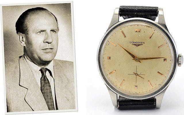 Oskar Schindler et sa montre, vendue lors d'une vente aux enchères à Boston en mars 2019. (Crédit : RR Auction)