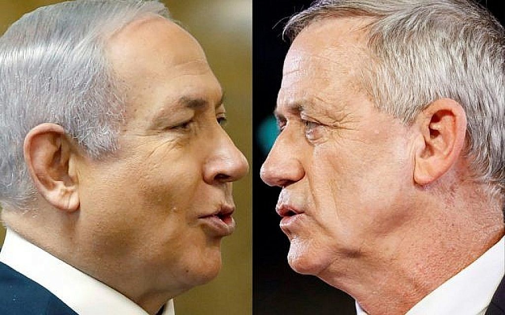 Cette composition d'images créée le 2 avril 2019 montre le Premier ministre Benjamin Netanyahu (à gauche) s'adressant à des journalistes à Jérusalem le 3 février 2019 et l'ancien chef d'état-major de Tsahal Benny Gantz prononçant son premier discours électoral le 29 janvier 2019, à Tel Aviv. (Crédit : Ronen Zvulun et Jack Guez/AFP) Cette composition d'images créée le 2 avril 2019 montre le Premier ministre Benjamin Netanyahu (à gauche) s'adressant à des journalistes à Jérusalem le 3 février 2019 et l'ancien chef d'état-major de Tsahal Benny Gantz prononçant son premier discours électoral le 29 janvier 2019, à Tel Aviv. (Crédit : Ronen Zvulun et Jack Guez/AFP)