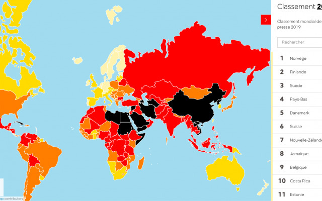 Carte du classement mondial 2019 de la liberté de la presse, par l’ONG française Reporters sans frontières.