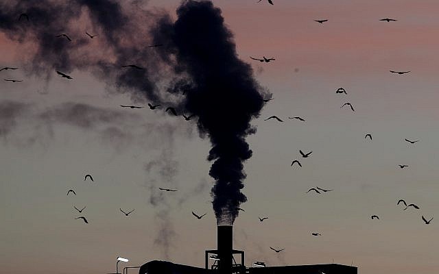 Des oiseaux devant une cheminée de fumée à Ludwigshafen, en Allemagne le 4 décembre 2018. (Crédit : AP /Michael Probst, File) Des oiseaux devant une cheminée de fumée à Ludwigshafen, en Allemagne le 4 décembre 2018. (Crédit : AP /Michael Probst, File)