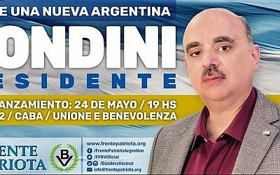 Une bannière de campagne de l'homme politique argentin Alejandro Biondini. (Crédit : Twitter)