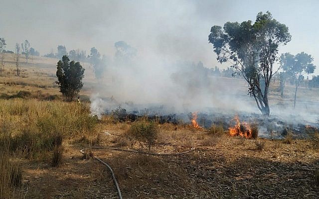Un incendie dans la région d'Eshkol, le 22 mai 2019. (Crédit : Eli Cohen/sapeurs pompiers israéliens) Un incendie dans la région d'Eshkol, le 22 mai 2019. (Crédit : Eli Cohen/sapeurs pompiers israéliens)