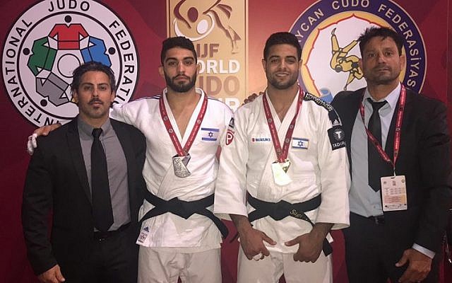Tohar Butbul (deuxième à gauche) et Sagi Muki (deuxième à droite) lors du grand slam de Bakz le 11 mai 2019 (Crédit :Fédération israélienne de Judo) Tohar Butbul (deuxième à gauche) et Sagi Muki (deuxième à droite) lors du grand slam de Bakz le 11 mai 2019 (Crédit :Fédération israélienne de Judo)