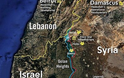 Une carte fournie par Tsahal montre les localisations approximatives de cellules actives du Hezbollah le long de la frontière syrienne avec Israël, publiée le 13 mars 2019. (Crédit : Tsahal)
