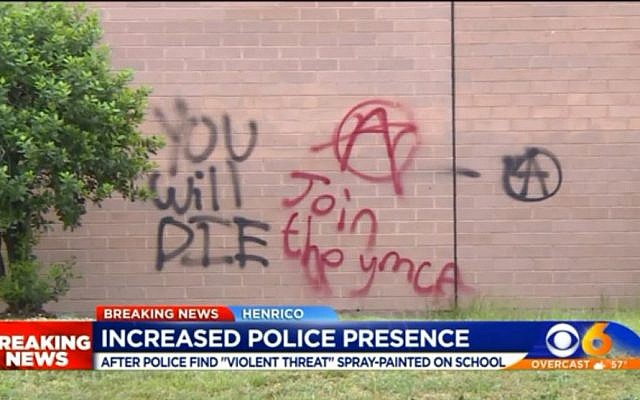 Graffitis et slogans tagués par des vandales "You will die" et divers slogans antisémites dans un lycée de Virginie, le 12 mai 2019. (Capture d'écran WTVR) Graffitis et slogans tagués par des vandales "You will die" et divers slogans antisémites dans un lycée de Virginie, le 12 mai 2019. (Capture d'écran WTVR)