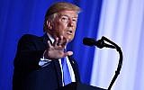 Le président américain Donald Trump pendant une conférence de presse en marge du sommet du G20 à Osaka, au Japon, le 29 juin 2019 (Crédit : Brendan Smialowski/AFP)