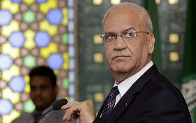Le négociateur palestinien Saeb Erekat lors d'une conférence de presse suite à une réunion d'urgence au siège de la Ligue arabe au Caire, Egypte, le 11 août 2014. (AP/Amr Nabil)