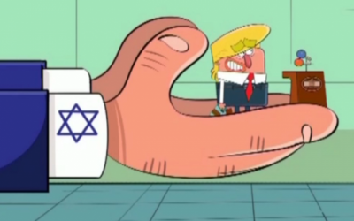 Le président américain Donald Trump vu dans la paume d'une main israélienne dans un dessin animé iranien. (Capture d'écran)