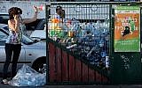 Une femme jette une bouteille dans un bac de recyclage du centre de Jérusalem. (Crédit photo : Nati Shohat/Flash90)
