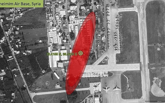La source d'un signal interférant avec la réception GPS pour les avions survolant Israël, situé sur la base aérienne russe de Khmeimim en Syrie occidentale, d'après une présentation de l'ingénieur aérospatial Todd Humphreys au gouvernement américain en juin 2019. (Autorisation) La source d'un signal interférant avec la réception GPS pour les avions survolant Israël, situé sur la base aérienne russe de Khmeimim en Syrie occidentale, d'après une présentation de l'ingénieur aérospatial Todd Humphreys au gouvernement américain en juin 2019. (Autorisation)