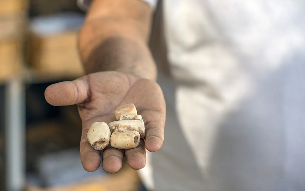 Morceaux de collier découverts sur le site archéologique de Motza, près de Jérusalem. (Yaniv Berman, Autorité israélienne des Antiquités)