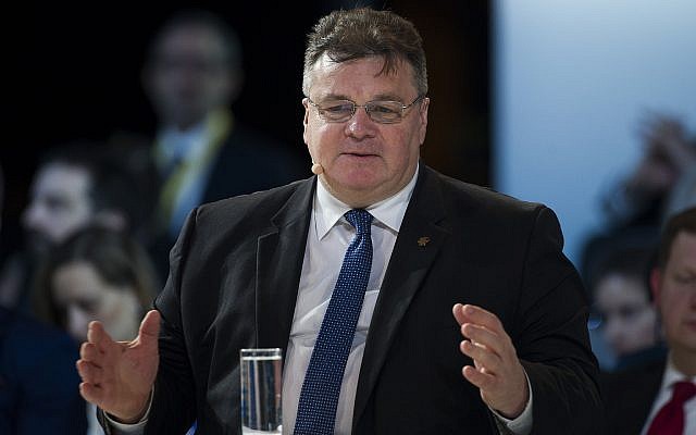 Le ministre lituanien des Affaires étrangères, Linas Linkevicius, prend la parole lors de la conférence de l'Atlantic Council "NATO Engages The Alliance at 70", à Washington, le 3 avril 2019. (AP Photo/Cliff Owen)