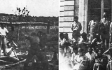 Les « compagnons » du kibboutz Migdal au travail dans les champs et rassemblés sur les marches du château de La Borde. (Crédit photo : Ghetto Fighters House)