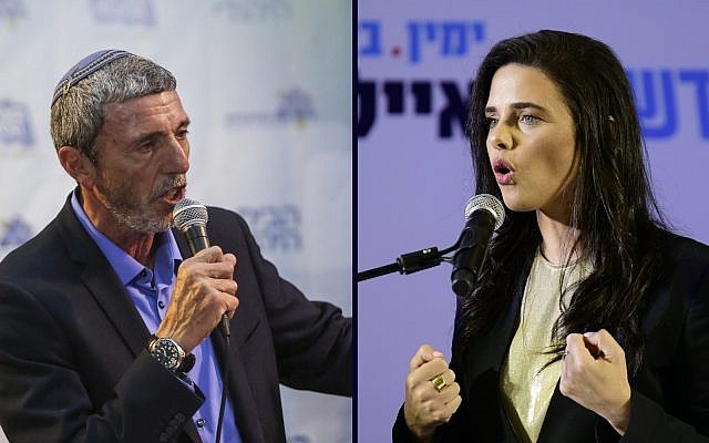 Le leader de l'Union des partis de droite Rafi Peretz, à gauche, et la responsable de HaYamin HaHadash Ayelet Shaked. (Crédit : Flash 90) Le leader de l'Union des partis de droite Rafi Peretz, à gauche, et la responsable de HaYamin HaHadash Ayelet Shaked. (Crédit : Flash 90)