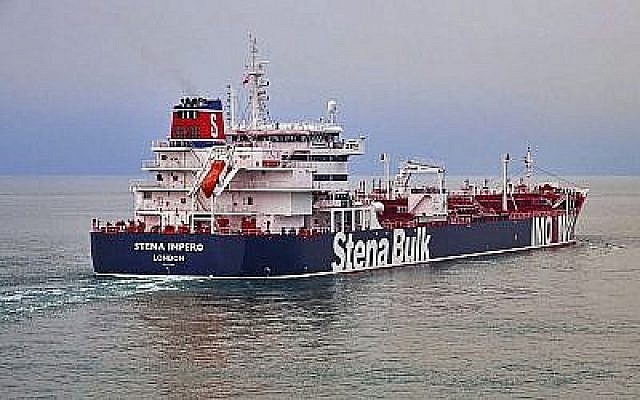 Cette photo sans date publiée le 19 juillet 2019 montre le tanker britannique de pétrole Stena Impero, saisi par l'Iran. (Crédit : Stena Bulk via AP) Cette photo sans date publiée le 19 juillet 2019 montre le tanker britannique de pétrole Stena Impero, saisi par l'Iran. (Crédit : Stena Bulk via AP)
