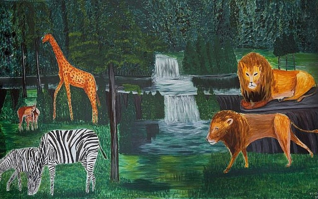 “Tropical Rain Forest” peinte par Tsegay Berhe au centre de détention de Holot en 2016. (Miriam Alster/Flash90)