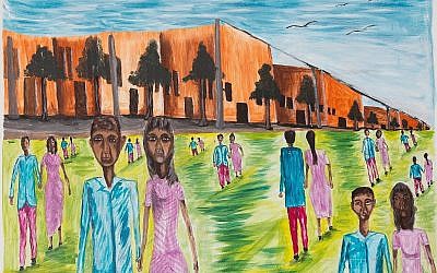 La "Pause thé à l'école" de Tsegay Berhe, peinte au centre de détention de Holot en 2016. (Miriam Alster/Flash90)