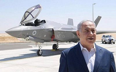 Le Premier ministre Benjamin Netanyahu se tient devant un avion de combat F-35 à la base de l'armée de l'air israélienne à Nevatim, dans le sud d'Israël. (Crédit : Amos Ben Gershom / GPO)