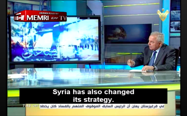 Elwalid Succariyeh, député du Hezbollah, dans une interview donnée le 13 août dernier à la chaine libanaise Al-Manar, proche du groupe terroriste. (Crédit : capture d'écran Al-Manar / MEMRI)