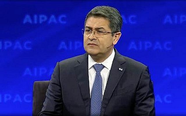 Le président hondurien Juan Orlando Hernandez lors de la conférence politique de l'AIPAC à Washington, le 24 mars 2019. (Capture d'écran/AIPAC)