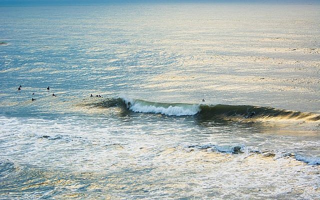 "Séance de surf en hiver" prise à la plage Tel Baruch, à Tel Aviv, en Israël (Crédit : Tal Paz-Fridman)