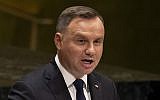 Le président polonais, Andrzej Duda, s'exprime lors de la 74e session de l'Assemblée générale des Nations unies le 24 septembre 2019, au siège de l'ONU à New York City. (Crédit : Don Emmert / AFP)