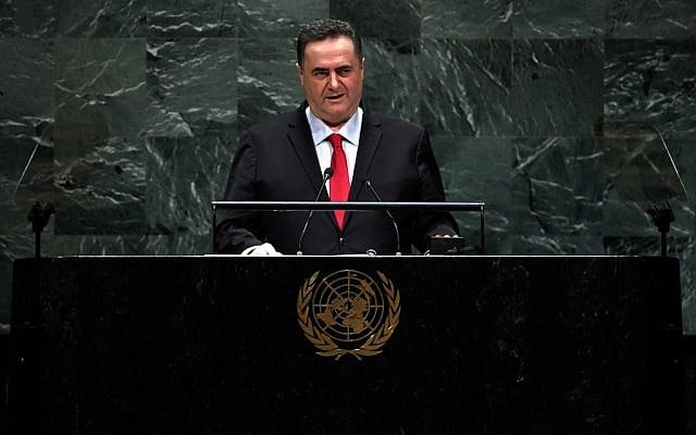 Le ministre des Affaires étrangères Israel Katz prononce un discours lors de la 74e session de l'Assemblée générale des Nations Unies, le 26 septembre 2019 au siège des Nations Unies à New York. (Johannes EISELE / AFP)