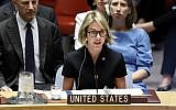 Kelly Craft, nouvelle ambassadrice américaine à l'ONU, prend la parole lors de sa première réunion du Conseil de sécurité au siège des Nations unies, le jeudi 12 septembre 2019. (AP Photo / Richard Drew)