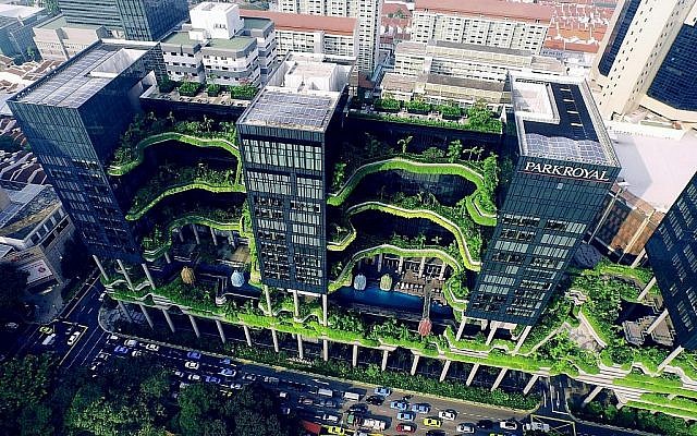 Aperçu de Skyville, un projet de gratte-ciel de Singapour qui combine un hôtel, des bureaux et des parcs publics verticaux, présenté dans l'exposition actuelle du Tel Aviv Museum of Art, "Solar Guerrilla", qui se déroule jusqu'en décembre 2019. (Avec l'aimable autorisation de Skesy Skyshot Pte Ltd.)
