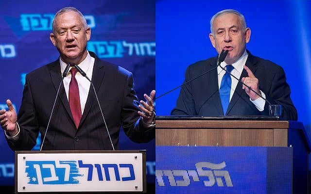 Le président du parti Kakhol lavan, Benny Gantz (à gauche), et le Premier ministre Benjamin Netanyahu (à droite) prennent la parole le soir des élections à Tel Aviv, lors d'événements distincts, le 18 septembre 2019. (Miram Alster, Hadas Parush/Flash90) Le président du parti Kakhol lavan, Benny Gantz (à gauche), et le Premier ministre Benjamin Netanyahu (à droite) prennent la parole le soir des élections à Tel Aviv, lors d'événements distincts, le 18 septembre 2019. (Miram Alster, Hadas Parush/Flash90)