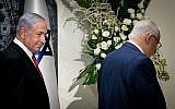 Le Premier ministre Benjamin Netanyahu et le président Reuven Rivlin à la résidence présidentielle à Jérusalem, le 25 septembre 2019, où Netanyahu vient d'être chargé de former le prochain gouvernement israélien. (Yonatan Sindel/Flash 90)