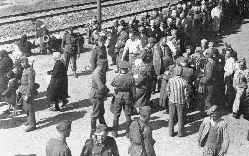 L'une des nombreuses images de "L'Album d'Auschwitz" prises depuis le haut d'un wagon au mois de mai 1944. Plusieurs officiers SS et victimes juives qui venaient d'arriver ont été identifiées. (Crédit : Yad Vashem)