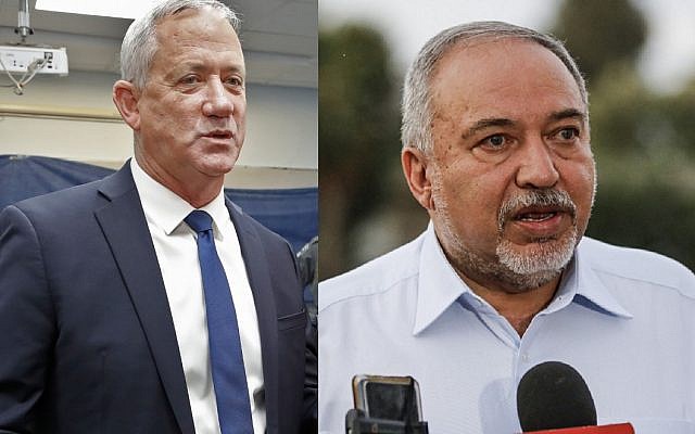 Photo composite du leader de Kakhol lavan Benny Gantz, à droite, au bureau de vote de Rosh Haayin, le 17 septembre 21019, et du leader de Yisrael Beytenu Avigdor Liberman, à gauche, au kibboutz Nahal Oz, le 12 septembre 2019 (Crédit : Jack Guez/Menahem Kahana, AFP) Photo composite du leader de Kakhol lavan Benny Gantz, à droite, au bureau de vote de Rosh Haayin, le 17 septembre 21019, et du leader de Yisrael Beytenu Avigdor Liberman, à gauche, au kibboutz Nahal Oz, le 12 septembre 2019 (Crédit : Jack Guez/Menahem Kahana, AFP)