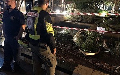 Le bassin ornemental où un groupe de jeunes hommes a été électrocuté à Tel Aviv, le 20 septembre 2019 (Crédit : Issachar Weiss/Magen David Adom)