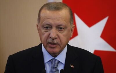 Le président turc Recep Tayyip Erdogan s'exprime lors d'une conférence de presse conjointe avec son homologue russe Vladimir Poutine à la suite de leurs entretiens dans la station balnéaire de Sotchi, le 22 octobre 2019. (Crédit : Sergei Chirikov/Pool/AFP)