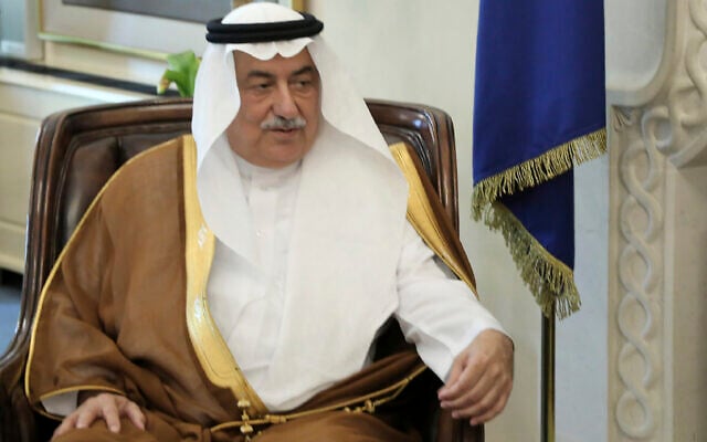 Le ministre des Affaires saoudien Ibrahim Bin Abdulaziz Al-Assaf, le 11 septembre 2019. (Crédit : AP Photo/Petros Karadjias) Le ministre des Affaires saoudien Ibrahim Bin Abdulaziz Al-Assaf, le 11 septembre 2019. (Crédit : AP Photo/Petros Karadjias)