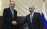 Le président russe Vladimir Poutine, (à droite), avec son homologue turc Recep Tayyip Erdogan à Sotchi, le 22 octobre 2019. (Crédit : Presidential Press Service via AP, Pool )