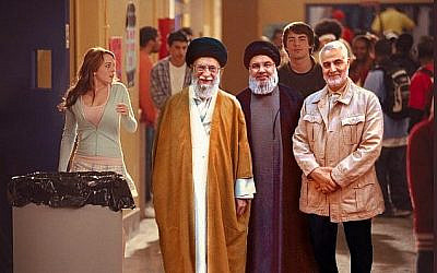 Une scène du film "Lolita malgré moi" retouchée au photoshop pour y ajouter le Guide suprême iranien l'Ayatollah Ali Khamenei, le chef du Hezbollah Hassan Nasrallah et le commandant de la Force Quds Qassem Soleimani. (IDF/Twitter)