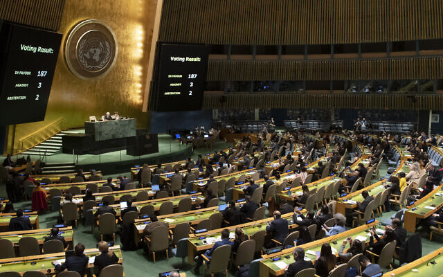 Vue de l'Assemblée générale des Nations unies durant un vote imposé sur Cuba par les Etats-Unis, le 7 novembre 2019 (Crédit : Evan Schneider/ONU) Vue de l'Assemblée générale des Nations unies durant un vote imposé sur Cuba par les Etats-Unis, le 7 novembre 2019 (Crédit : Evan Schneider/ONU)